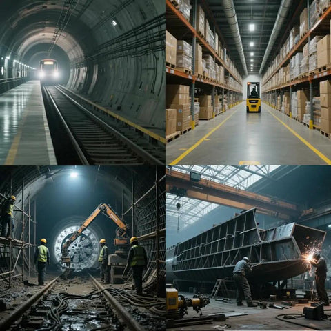 Industrial environments with workers and machinery, showcasing workplaces suitable for a 12 Inch Industrial Portable Air Blower Ventilator.