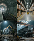 Industrial settings featuring tunnels, warehouses, and construction with equipment and workers, implying use of heavy duty exhaust fans.