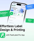 Image of an iPhone screen showing the FlashLabel Pro App interface with options for templates, icons, and fonts for label design.