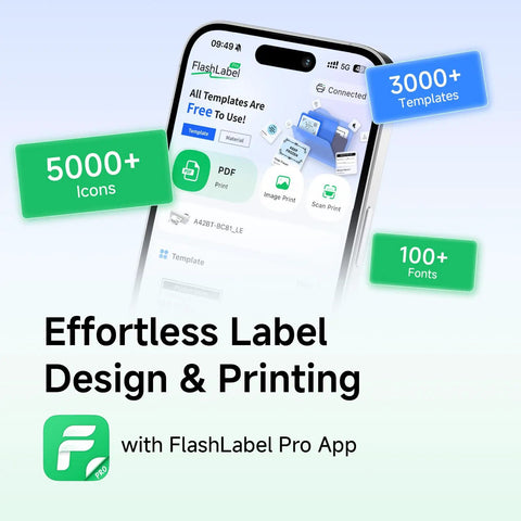 Image of an iPhone screen showing the FlashLabel Pro App interface with options for templates, icons, and fonts for label design.