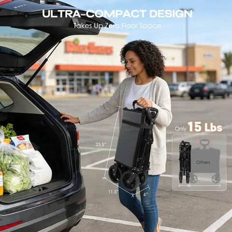 Woman holding folded 165L Collapsible Folding Wagon With Silent All Terrain Wheels Heavy Duty Utility Cart next to car trunk