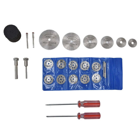 Complete Forty Four Piece Cutting Wheel Set With Diamond Cutter Wheels And Circular Saw Blades For Rotary Tools displayed in package