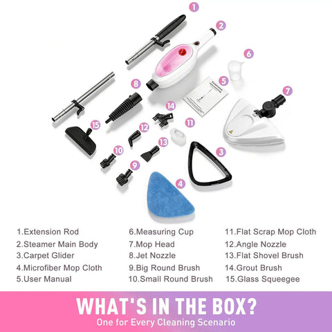 Fast Heat Up Steam Mop And Portable Handheld Steamer For Hardwood Floors Carpet Tile Grout complete tool kit with accessories.