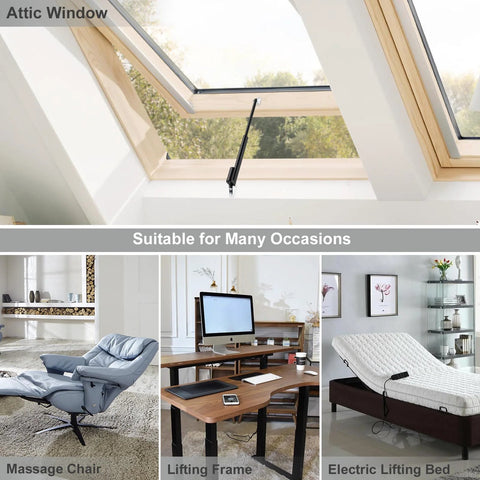 Justech 12V heavy-duty linear actuator (black) installed on an attic skylight window; collage shows 4 applications.