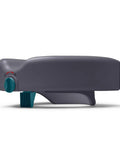 Heavy Duty Raised Toilet Seat Riser Gives You A Five Inch Lift Contoured Surface For Comfort Fits Round Toilets 11 To 14 Inches Easy Tool Free Front Clamp Locks In Place So It Wont Move Non Slip Elevation For Easy Bathroom Access, side view showing grey contour and clamp mechanism