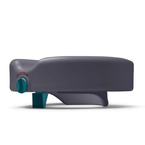 Heavy Duty Raised Toilet Seat Riser Gives You A Five Inch Lift Contoured Surface For Comfort Fits Round Toilets 11 To 14 Inches Easy Tool Free Front Clamp Locks In Place So It Wont Move Non Slip Elevation For Easy Bathroom Access, side view showing grey contour and clamp mechanism