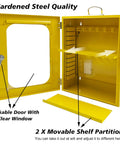 Open yellow lockout tagout station showing compartments, lockable clear window door, 2 shelf partitions. All In One Lockout Tagout Station Kit With Board Locks 80 Pcs Includes Hasps Tags Circuit Breaker Lockout Ball Valve Lockout Electrical Plug Lockout Steel Cable Lockout Big Yellow Station.