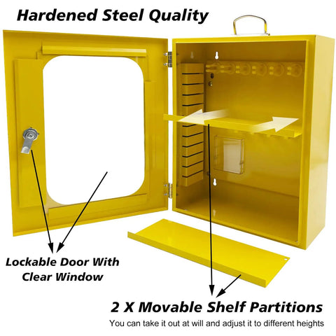 Open yellow lockout tagout station showing compartments, lockable clear window door, 2 shelf partitions. All In One Lockout Tagout Station Kit With Board Locks 80 Pcs Includes Hasps Tags Circuit Breaker Lockout Ball Valve Lockout Electrical Plug Lockout Steel Cable Lockout Big Yellow Station.