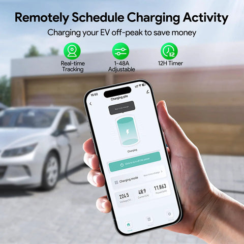 Hand holding smartphone displaying app control for Rock Solid Level 2 Electric Vehicle Charger With Smart App Control 48 Amps 240 Volt.