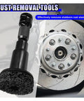 Kickass Heavy Duty Wheel Hub Cleaner Kit With Five Tough Scrub Brushes For Brake Dust And Lug Stud Degreasing, black rust removal tool attached to a rotor.