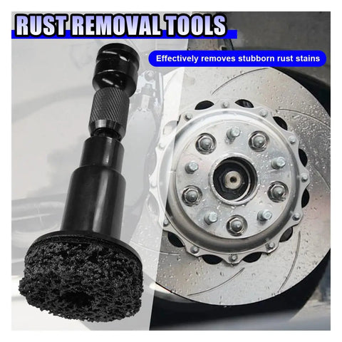Kickass Heavy Duty Wheel Hub Cleaner Kit With Five Tough Scrub Brushes For Brake Dust And Lug Stud Degreasing, black rust removal tool attached to a rotor.