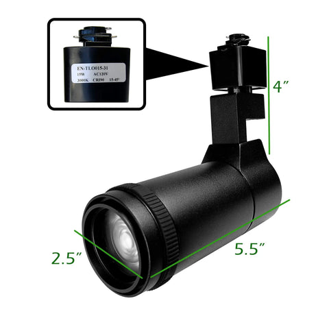 Tiny White LED Track Head Spotlight With Zoomable Beam, Triac Dimming, H-Track Compatible, shown with dimensions.