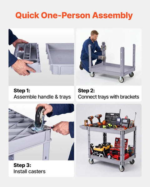 Heavy Duty Rolling Utility Cart 550 Lb Capacity, 2 Tier Service Cart With 360 Degree Swivel Wheels And Brakes On Two Front Casters, Built Tough Plastic Trays, Garage Workshop Organizer Gray assembled with tools
