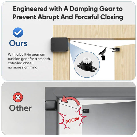 Heavy Duty Retractable Automatic Door Closer With Anti Slam Buffer showing damping gear functionality to prevent slamming.