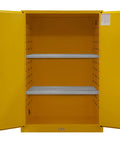 Heavy Duty Flammable Safety Cabinet With 90 Gallon Capacity, FM Approved, Built Tough 16 Gauge Double Wall Steel Build, Adjustable Shelves, Manual Swing Doors, Rugged Yellow Powder Coat Finish interior view with two shelves.