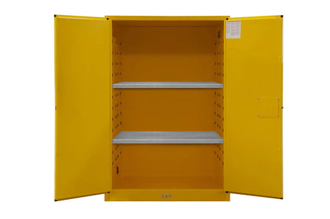Heavy Duty Flammable Safety Cabinet With 90 Gallon Capacity, FM Approved, Built Tough 16 Gauge Double Wall Steel Build, Adjustable Shelves, Manual Swing Doors, Rugged Yellow Powder Coat Finish interior view with two shelves.