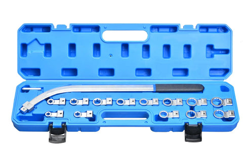 Serpentine Belt Tensioner Tool Kit 15 Pc Set with Idler Pulley Wrench and 12 Point Sockets in Blue Case