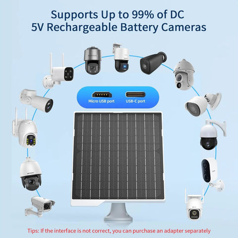 Two Pack 9W Solar Panels IP65 Waterproof Charger Kit With 10 Foot USB C Cable And Micro USB Adapters For Outdoor Cameras Smartphones And Any DC 5V Device Works From Minus Four To One Hundred Seventy Six Degrees Fahrenheit with camera compatibility
