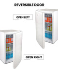 Hella Compact 3.1 Cubic Feet White Upright Freezer with reversible door open left and right showing internal wire baskets.