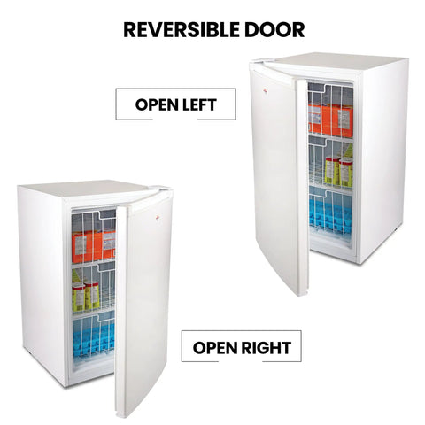 Hella Compact 3.1 Cubic Feet White Upright Freezer with reversible door open left and right showing internal wire baskets.