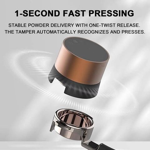 Smart Automatic Espresso Coffee Tamper With Digital Touch Panel Plus Twenty Adjustable Pressure Levels For Precision Ground Compaction and smooth coffee press style.
