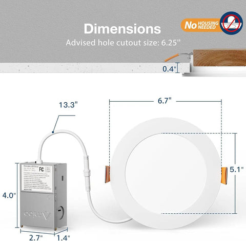 Dimensions of 2 Pack 6 Inch Led Recessed Ceiling Lights With Slim Wafer Profile And Built In Junction Box.