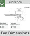 52 Inch Indoor Ceiling Fan With LED Lights Fresh White, Pull Chain, diagram showing standard vs. angled mount dimensions