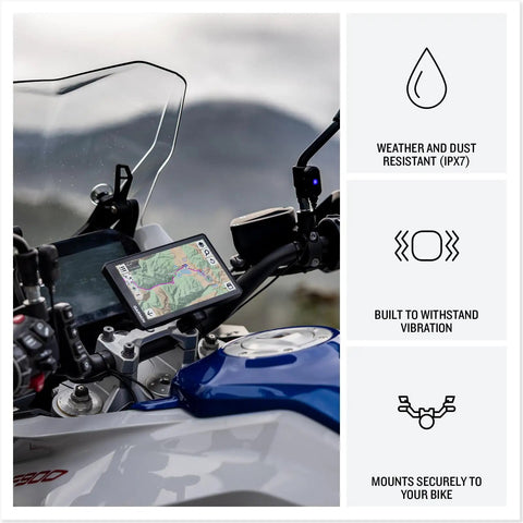 XT3 6 Inch Motorcycle GPS Navigator Bundle mounted on bike showing map, highlighting weather resistance and secure mounting features.