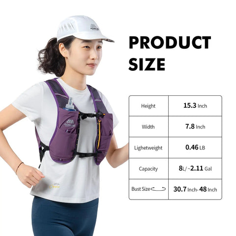 Person wearing Ultra Lightweight 8L Hydration Vest with 500ml bottle, showing size specifications, white cap, and breathable design.