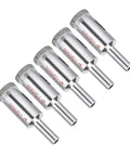 Six nickel-plated diamond drill bits, 15 mm diameter, for glass drilling, arranged in a diagonal row.
