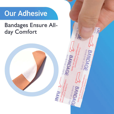 Hand holding Heavy Duty Waterproof Adhesive Bandages Three Quarter By Three Inch Bulk Pack Of One Thousand Plastic PE Strip