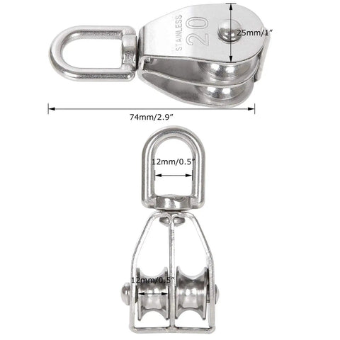 M20 Lifting Double Pulley Block Set Stainless Steel Beefy Heavy Duty Crane Swivel Hook With Double Pulley Roller dimensions image