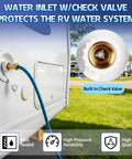 Side view of RV water inlet with check valve; lead-free brass 3/4 NH female to 1/2 NPT male, blue hose attached