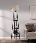 Farmhouse Style 65 Inch Floor Lamp With Three Tier Wood Shelves And Beige Linen Drum Shade in living room scene
