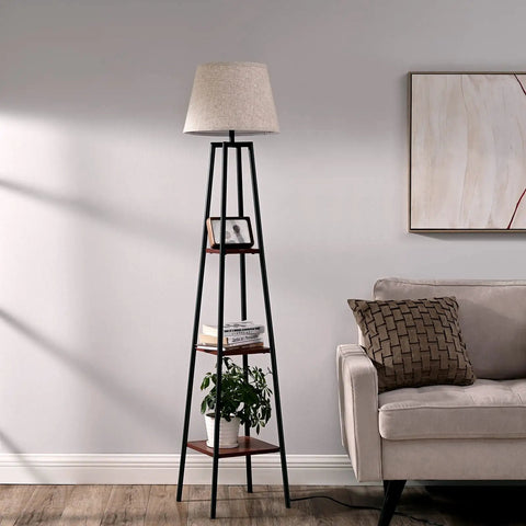 Farmhouse Style 65 Inch Floor Lamp With Three Tier Wood Shelves And Beige Linen Drum Shade in living room scene