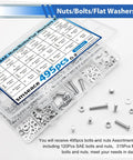495 Pcs SAE And Metric Nuts And Bolts Kit With 26 Sizes M3 M4 M5 To 10 To 24 Pan Head Fasteners organized in a plastic box