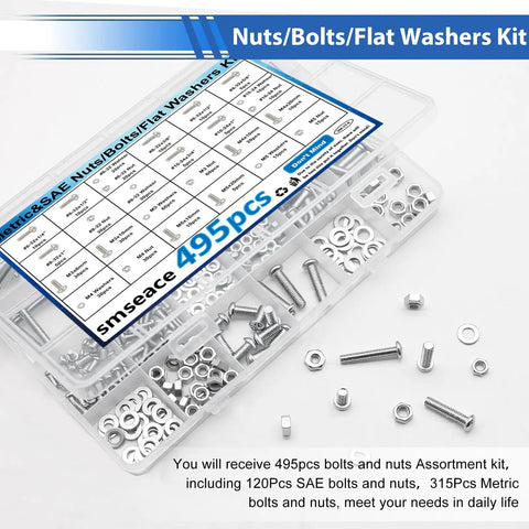 495 Pcs SAE And Metric Nuts And Bolts Kit With 26 Sizes M3 M4 M5 To 10 To 24 Pan Head Fasteners organized in a plastic box