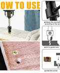 Diagram showing the Top Notch Wood Countersink Drill Bit Set With Five Sizes Four Six Eight Ten Twelve For Woodworking Quick Change One Quarter Inch Hex Shank And Allen Wrench From Newdeli Handles Countersinks Like A Pro in use and installation steps on wood.