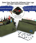 Four Pack Heavy Duty Canvas Tool Pouches With Brass Zippers Water Resistant Twenty Ounce Army Green Flat Bottom Tool Bags shown with tools and crafts