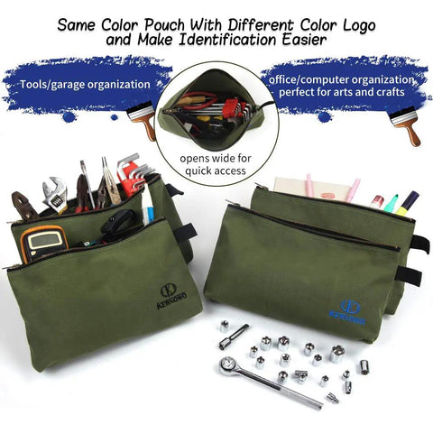 Four Pack Heavy Duty Canvas Tool Pouches With Brass Zippers Water Resistant Twenty Ounce Army Green Flat Bottom Tool Bags shown with tools and crafts