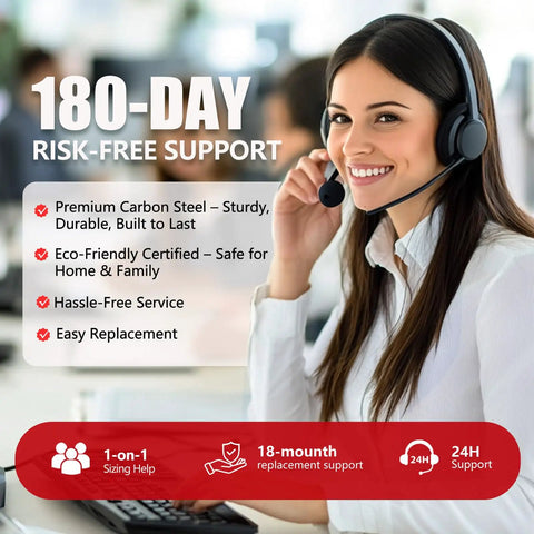 Customer support representative with headset promoting 180-day risk-free support.