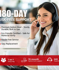 Smiling customer service representative with headset supporting 180-day risk-free support.
