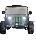 Front view of 125cc Go Kart For Young Adults And Teens 16 Plus With Semi Automatic Transmission And Reverse For A Smooth Ride Reaching About 40 MPH Army Green Edition Built For Backyard Thrills And Weekend Adventures