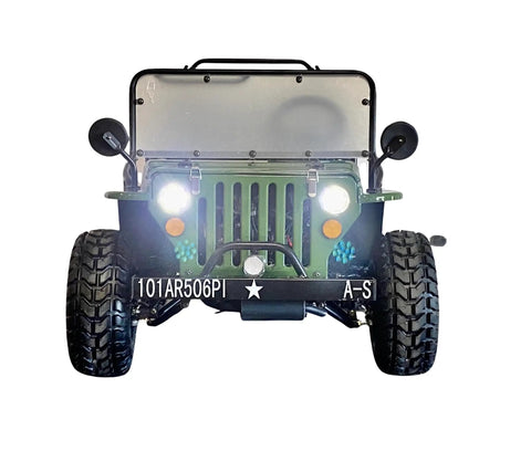 Front view of 125cc Go Kart For Young Adults And Teens 16 Plus With Semi Automatic Transmission And Reverse For A Smooth Ride Reaching About 40 MPH Army Green Edition Built For Backyard Thrills And Weekend Adventures