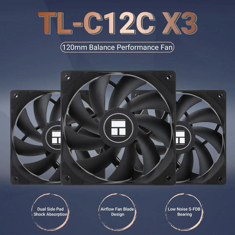 Three TL-C12C X3 120mm PWM CPU fans with S-FDB bearing, showcasing black blades and frame, designed for high performance cooling.