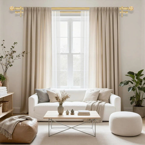 Gold Extra Long Dual Curtain Rod Set 36 To 153 Inches Adjustable Heavy Duty Vintage Spliced 1 Inch Window Treatment Rods With Crystal Foil Finials And Sleek End Caps For Wide Windows installed above beige curtains in a bright living room with a white sofa and plants.