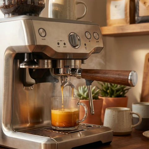 54mm Espresso Portafilter With Two Cup Spouts And Walnut Handle For Breville And Sage Barista Machines Fits Barista Express Pro Touch Bambino Series Stainless Steel Basket, brewing espresso in a kitchen setting