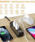 All Weather Outdoor Power Strip With 10 Foot Extension Cord, Waterproof Surge Protector With 3 AC Outlets, 1625W Overload Protection, Built Tough For Camping, Home, Office And Garden, IPX6 Rated, UL Listed, shown with water splash
