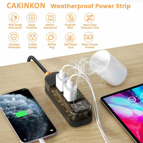 All Weather Outdoor Power Strip With 10 Foot Extension Cord, Waterproof Surge Protector With 3 AC Outlets, 1625W Overload Protection, Built Tough For Camping, Home, Office And Garden, IPX6 Rated, UL Listed, shown with water splash
