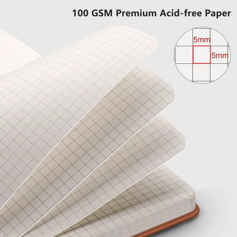 Close-up of Everyday Carry Graph Grid Paper Notebook In A5 Size With Leather Hardcover, 192 Pages, 100 GSM Thick Paper, grid detail.